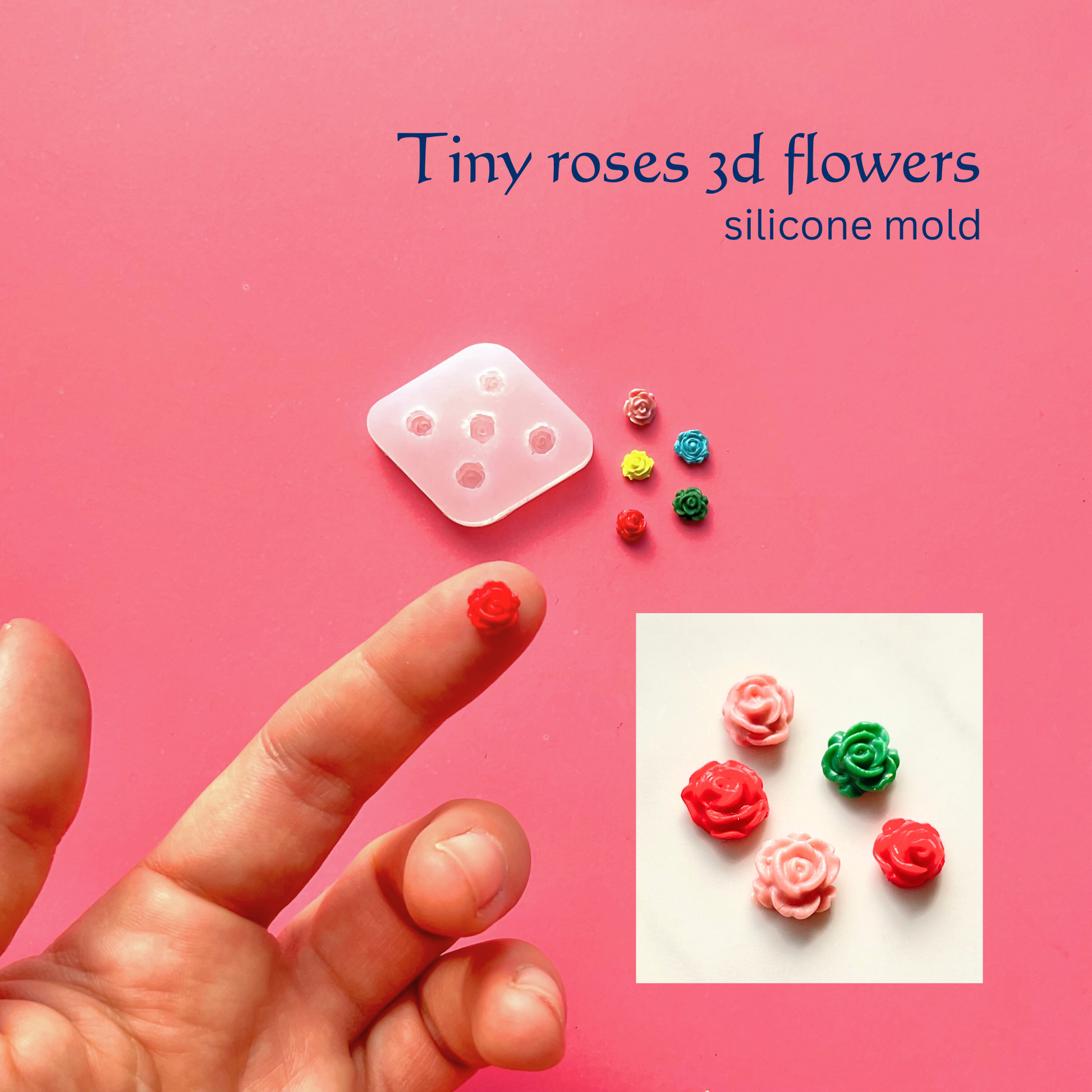 silicone mold with small rose shapes and five small polymer clay roses in different colours