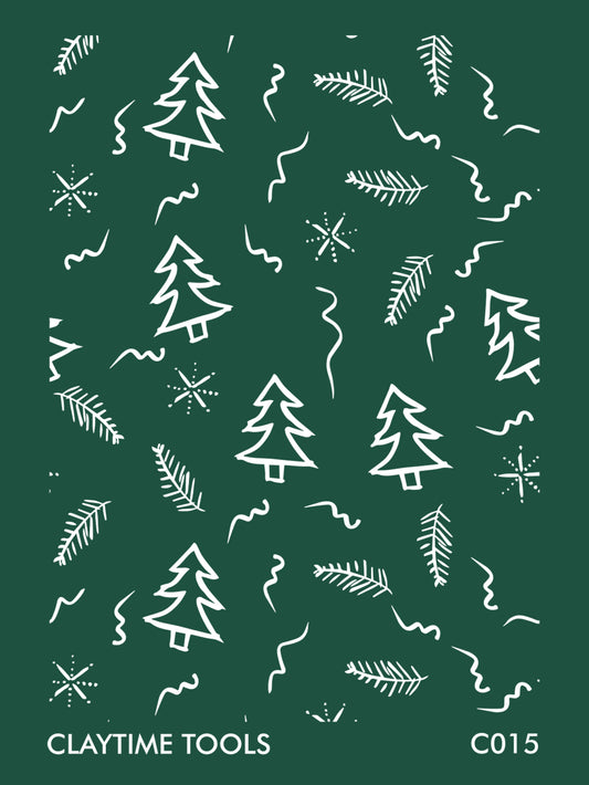 Image of a silkscreen print featuring hand-drawn sketches of Christmas trees.