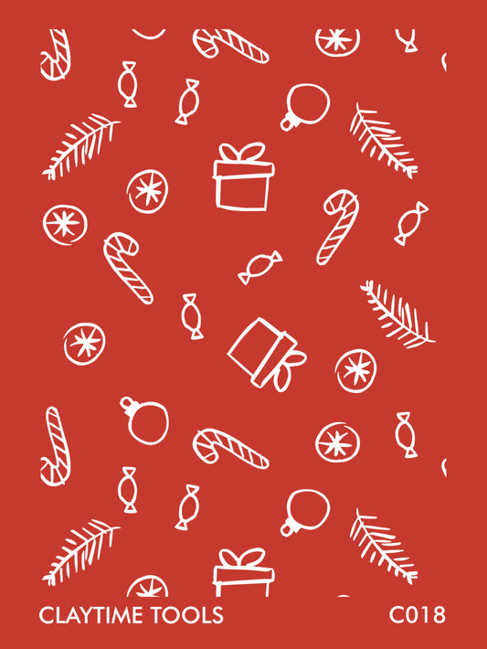 Image of a silkscreen print featuring sketches of Christmas gifts and candy.