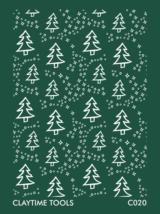 Image of a silkscreen print featuring hand-drawn sketches of Christmas trees and stars.