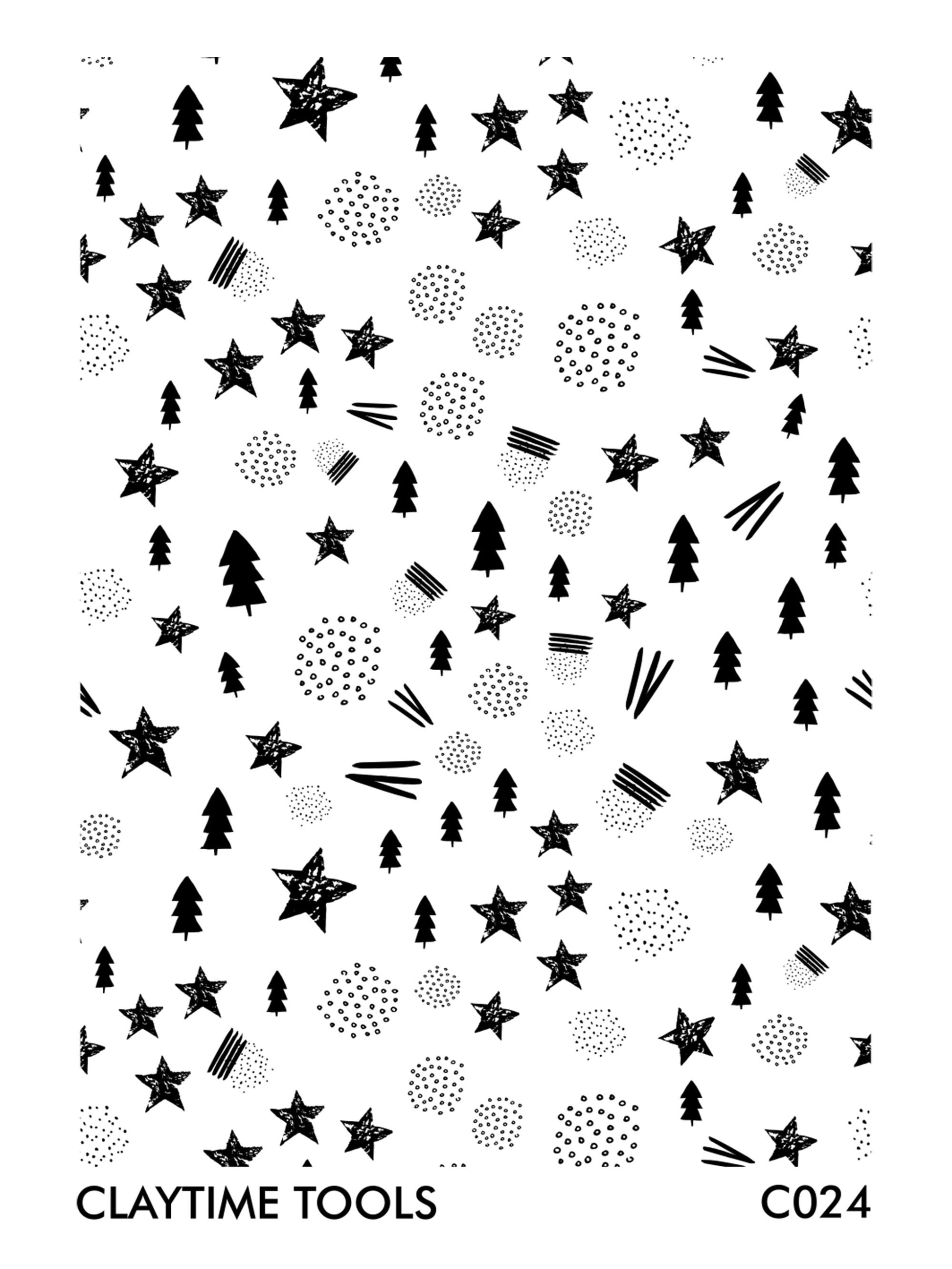 Image of a silkscreen print with hand-drawn Christmas trees, stars and shapes.