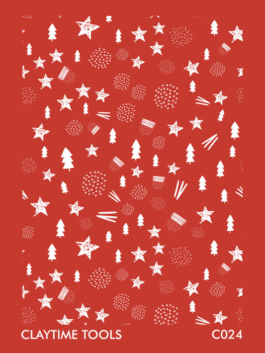 Image of a silkscreen print with hand-drawn Christmas trees, stars and shapes.