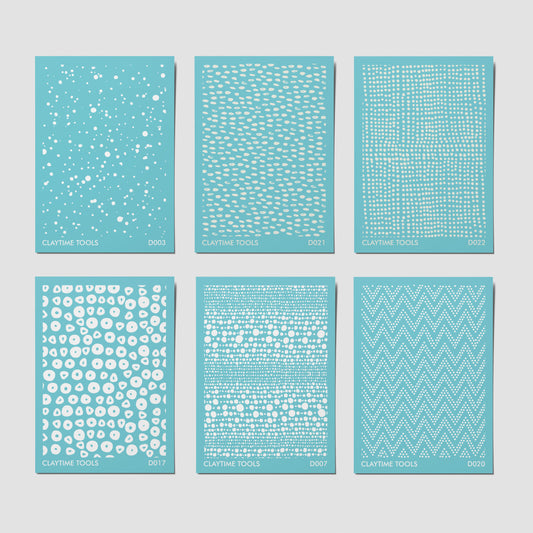 Six silkscreens with dotted patterns on a white background
