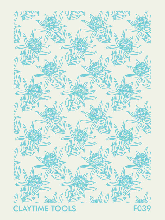 A floral pattern silkscreen on a white background.