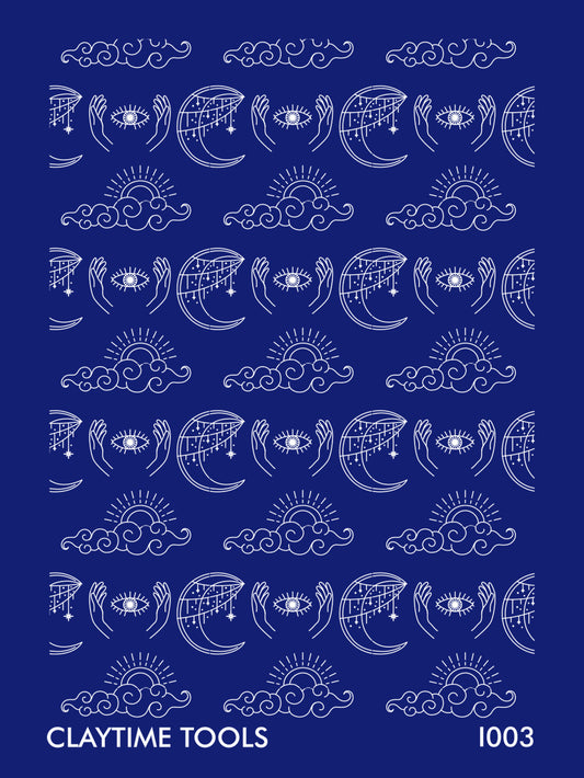 Boho mystical symbols silkscreen print on a blue background