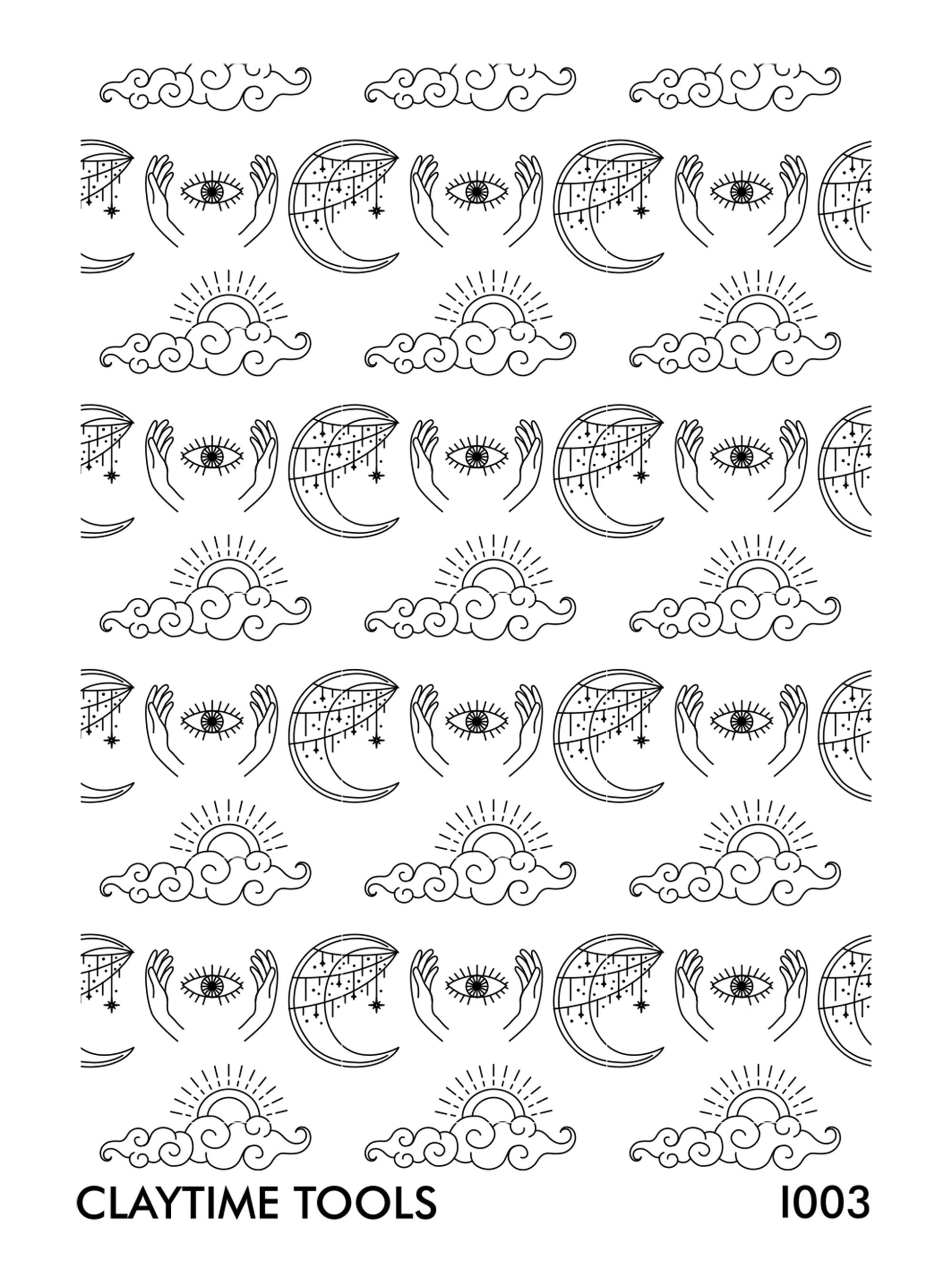 Boho mystical symbols silkscreen print on a white background