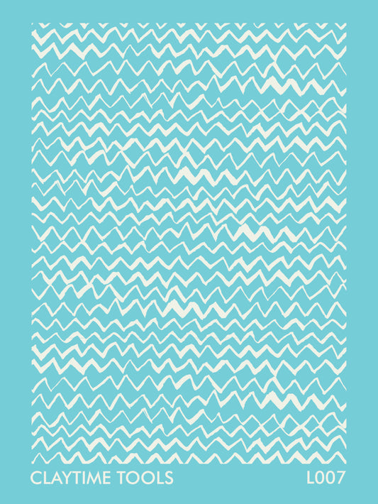 Abstract lines pattern silkscreen on a turquoise background.