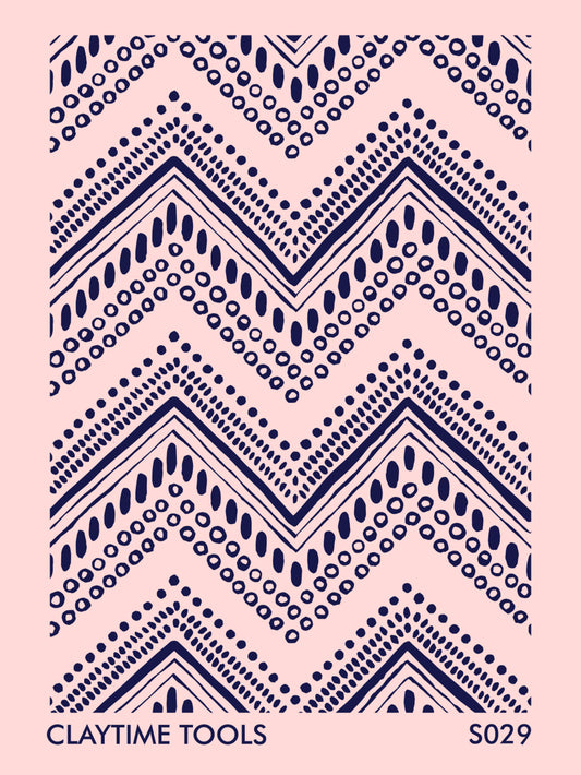Ethnic wave pattern on a light pink background.