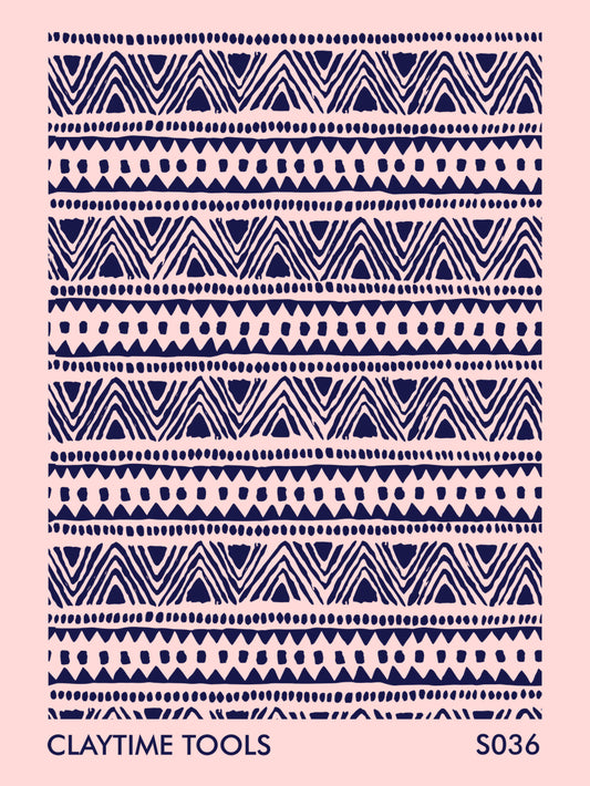 Blue ethnix mix pattern on a light pink background.