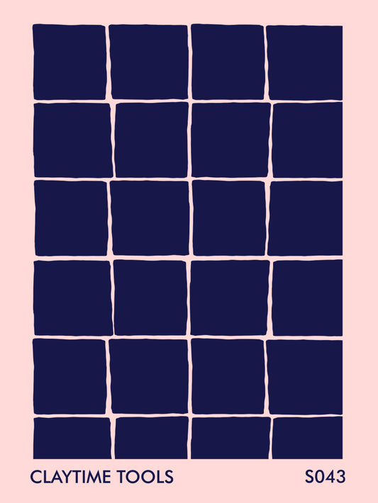 Blue handdrawn squares on a light pink background.