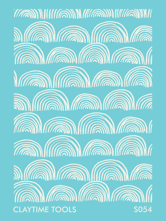Half circles pattern silkscreen on a turquoise background.