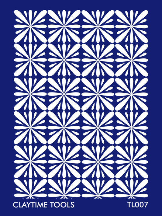 Abstract cross tile pattern silkscreen on a blue background.
