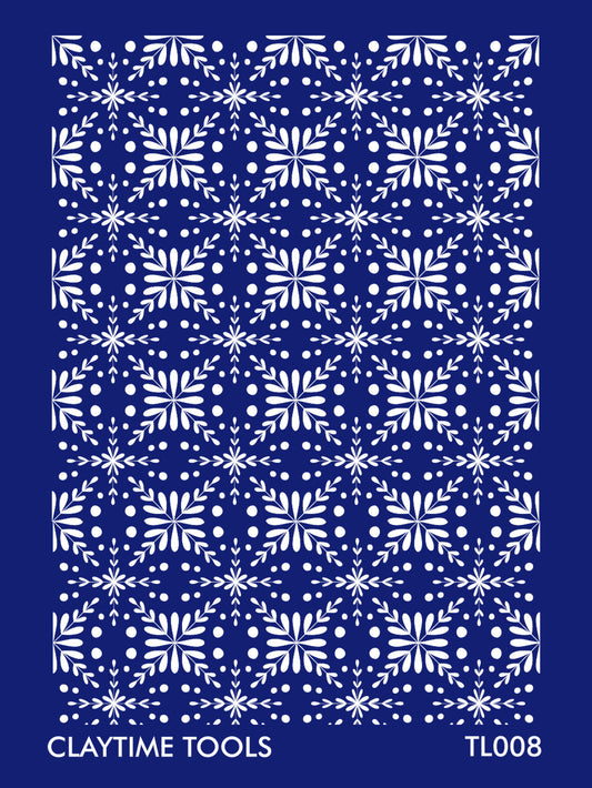 Snowflake tile pattern silkscreen on a blue background.