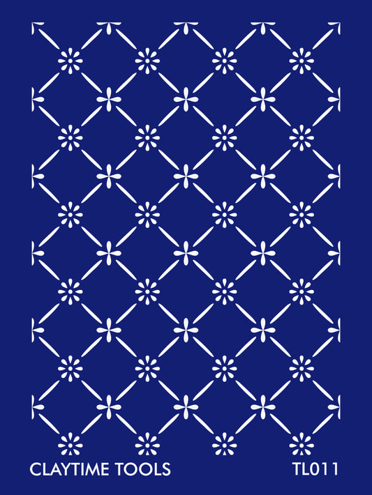 Rhombus tile pattern silkscreenn on a blue background.