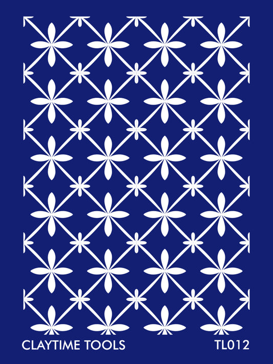 Symmetric cross tile silkscreen pattern on a blue background.